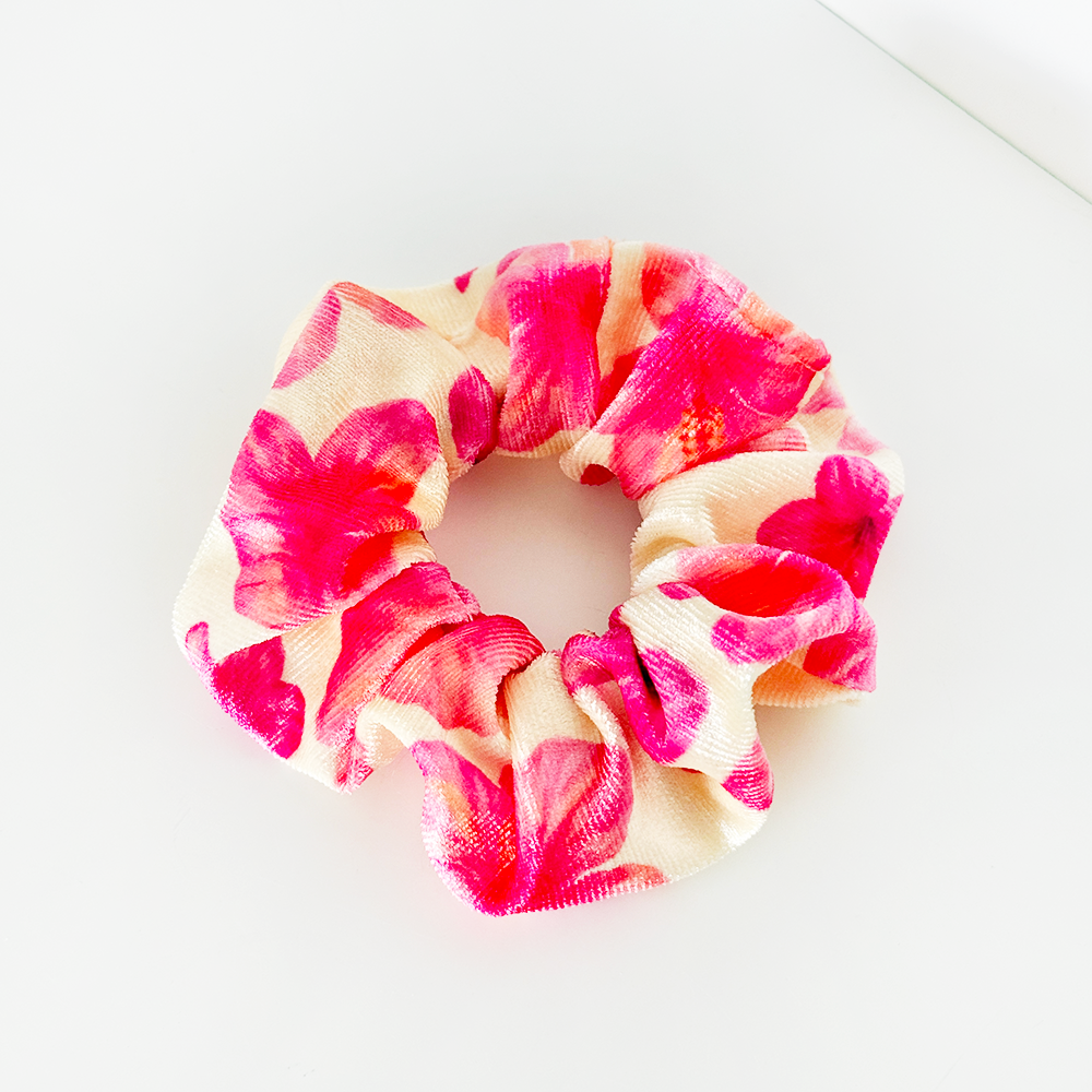 Butter yellow scrunchie with hibiscus flower pattern from Coconut Lane.