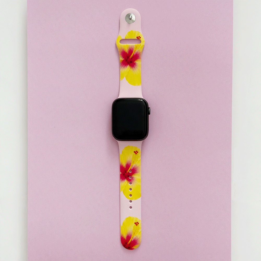Pink Apple Watch Strap with yellow hibiscus flowers.