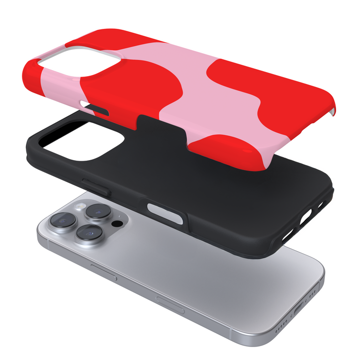 Expanded view of a phone case with a pink and red abstract design on a white background