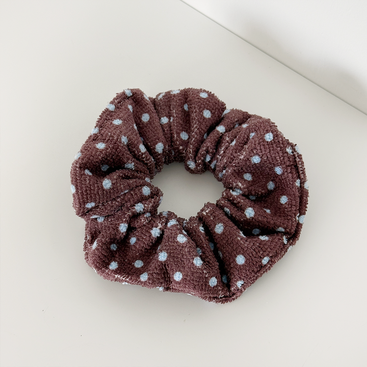 Brown & blue polka dot design Scrunchie in towel material. 