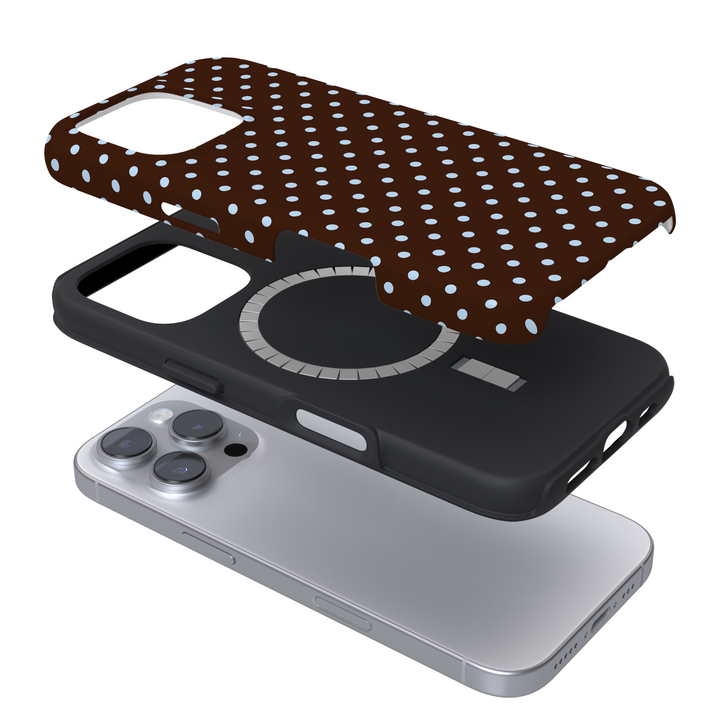 Phone case with brown polka dot design on a white background