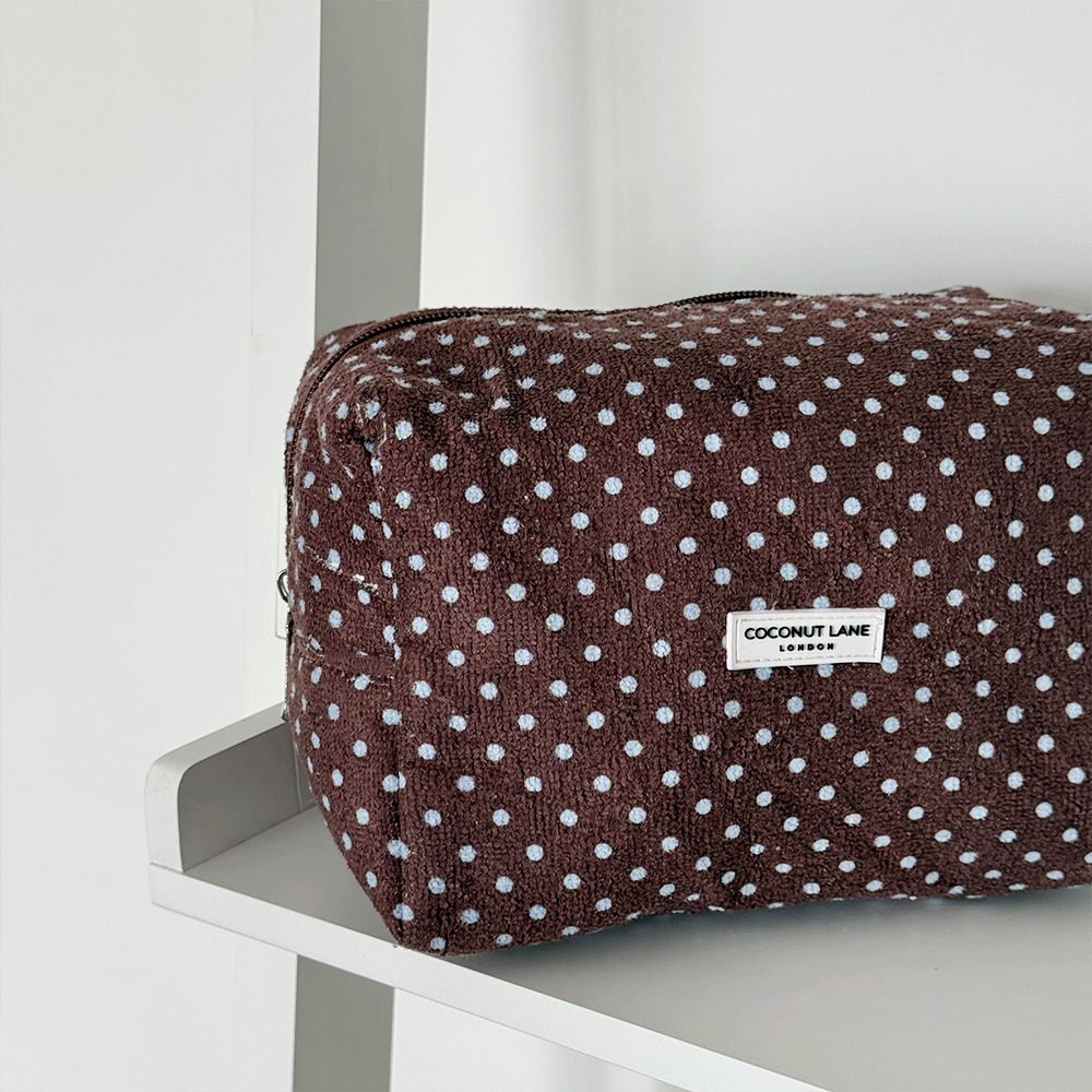 Brown towel texture Makeup Bag with blue polka dot design. 
