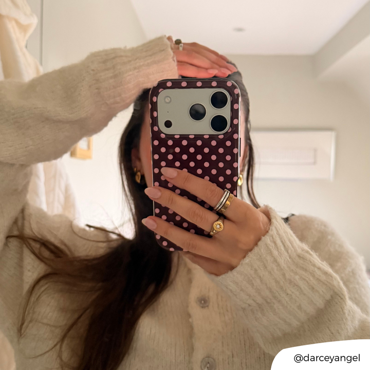 Girl taking mirror selfie with Brown Polka Dot Tough Phone Case
