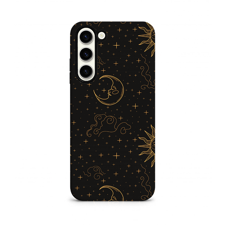Phone case with celestial design on a black background