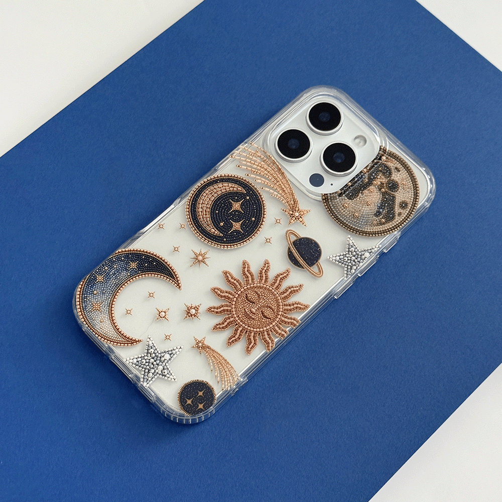 Clear Phone Case with celestial illustrations; stars, space, moon and sun.