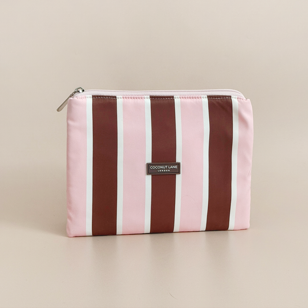 Coconut Lane Cocoa & Pink Stripe Everything Pouch featuring chocolate brown, pastel pink and white vertical stripes with zip fastening.