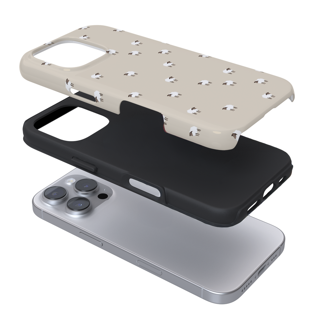 Expanded view of a phone case with a sheep pattern on a white background