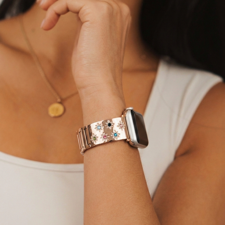 Ibiza Coloured Stone Apple Watch Strap - Rose Gold
