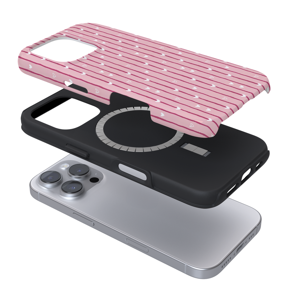 Expanded Magsafe phone case with a red striped pattern with hearts on a white background