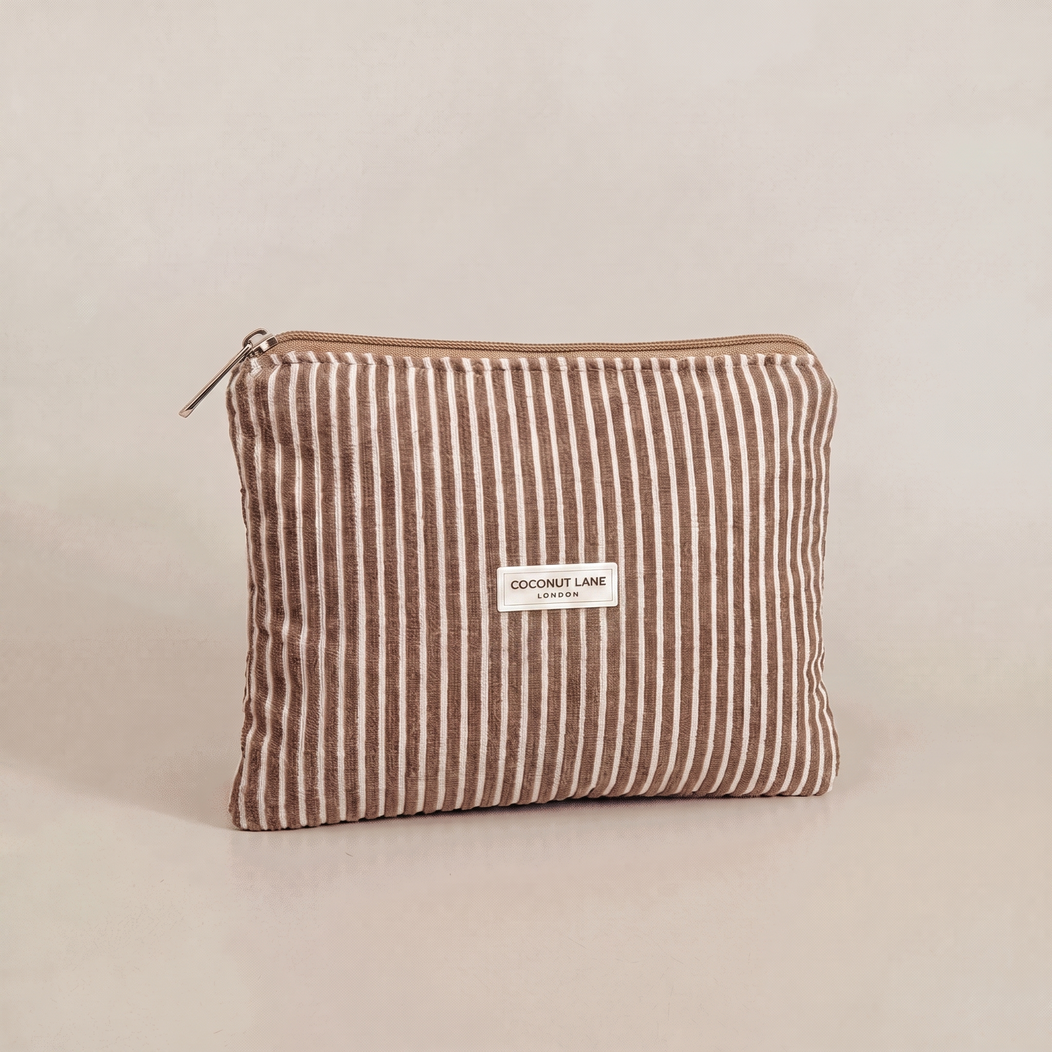 Brown and white stripe small Pouch with zip closure.