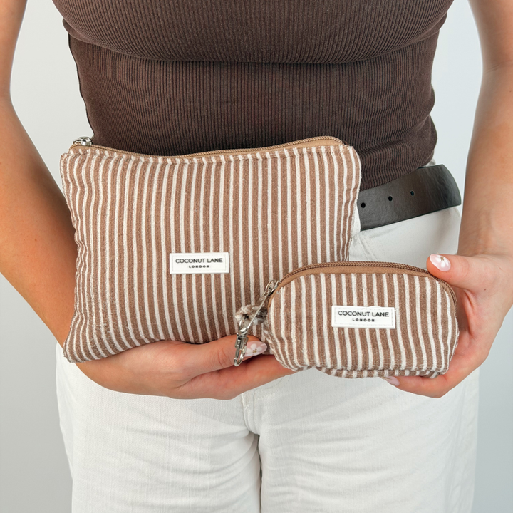 Image of two chestnut stripes makeup bags