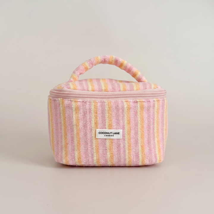Pink,orange and yellow stripe small Vanity Bag with zip closure and padded handle.
