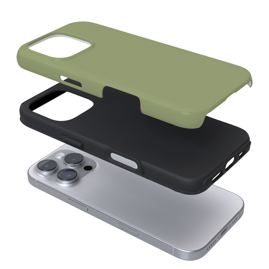 Expanded view of an olive phone case on a white background