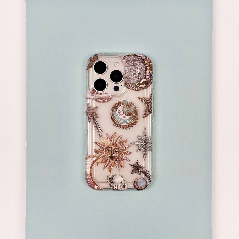 Clear Phone Case with celestial design on a light blue background.