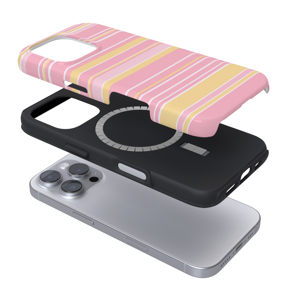 White, pastel pink and butter yellow stripes.