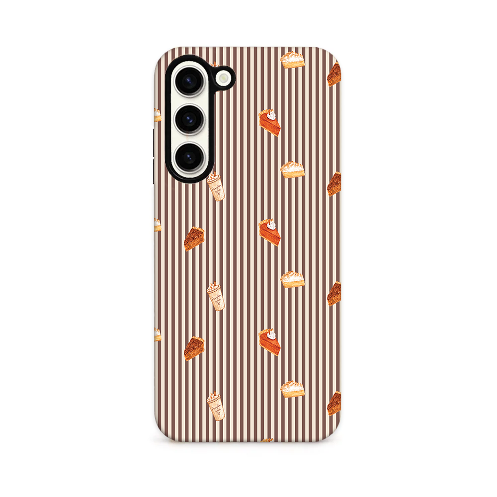 Brown and white stripes with sweet pumpkin treats.