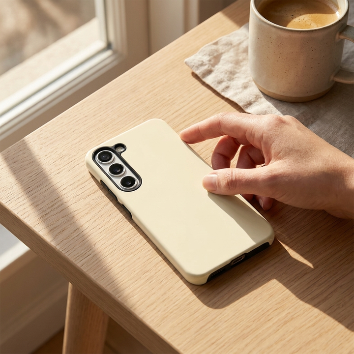 Hand holding a pale yellow phone case on a wooden table with a cup of coffee in the background