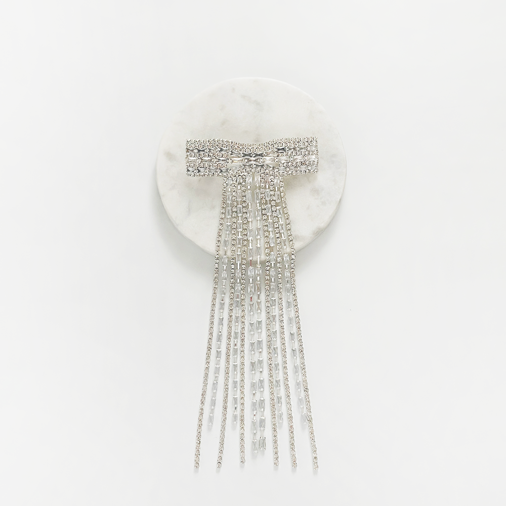 Diamante Bow Tassel Hair Clip - Silver