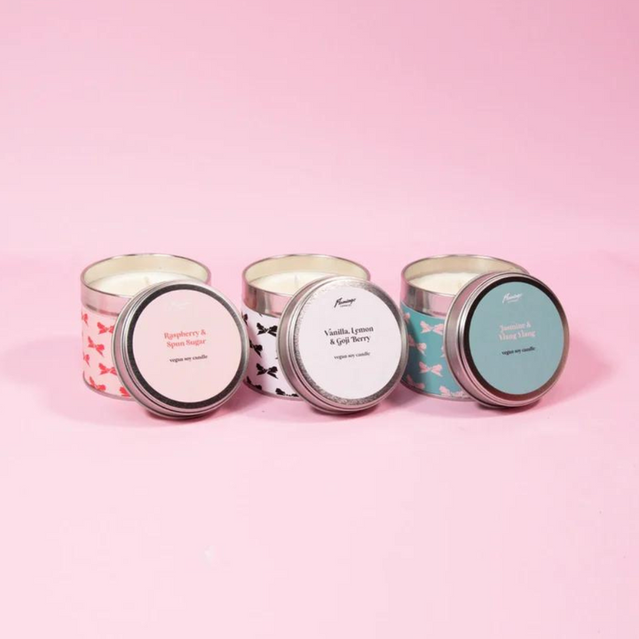 Raspberry & Spun Sugar Red & Pink Bow Tin Candle