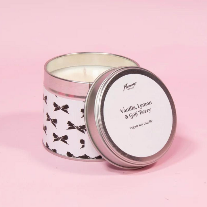 Vanilla, Lemon & Goji Berry Black & White Bow Tin Candle