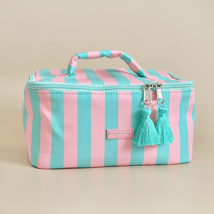 Blue and pink stripe Vanity Case, with tassels and padded handle.