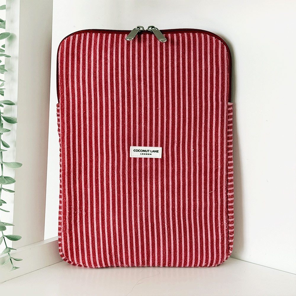 Mulberry Stripes TOWEL iPad sleeve by Coconut Lane, quilted fabric with striped pattern, on a white background.