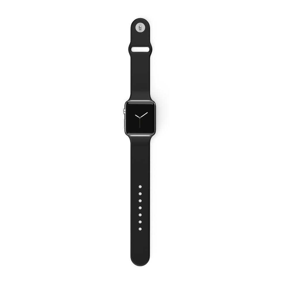 A black smartwatch from Coconut Lane's NAKD Apple Watch Strap - Midnight Black collection, featuring a square face and a sleek silicone strap, is displayed against a white background. The watch face shows the time with white hands on a black screen. The band, with multiple adjustment holes, is laid flat.