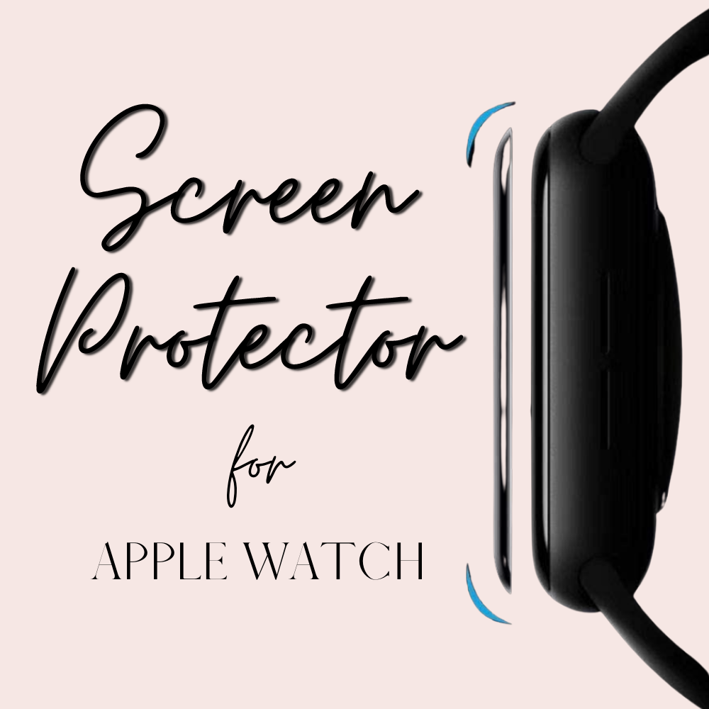 An image displaying the text "Screen Protector for Apple Watch by Coconut Lane" on a light pink background. There is a side view of an Apple Watch and a screen protector being applied to it.