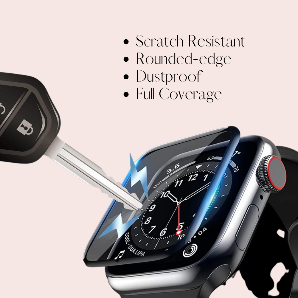 A key is shown scratching the screen of a smartwatch to demonstrate the Coconut Lane Screen Protector for Apple Watch, renowned for its scratch-resistant quality. This rounded-edge screen protector fully covers and displays the time seamlessly on your Apple Watch. Descriptive text emphasizes its notable features: scratch resistance, rounded-edge design, dustproof capability, and full coverage.