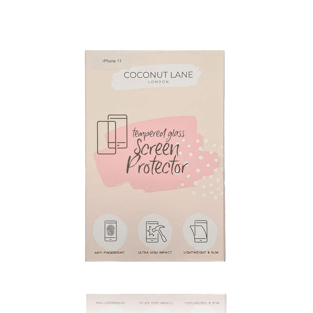 A rectangular retail box for the Coconut Lane Glass Screen Protector for iPhone 11. The box is adorned with illustrations of a phone and icons highlighting features such as 9H hardness, anti-fingerprint technology, ultra-high impact resistance, lightweight build, and slim design. The color scheme combines pastel pink and white.