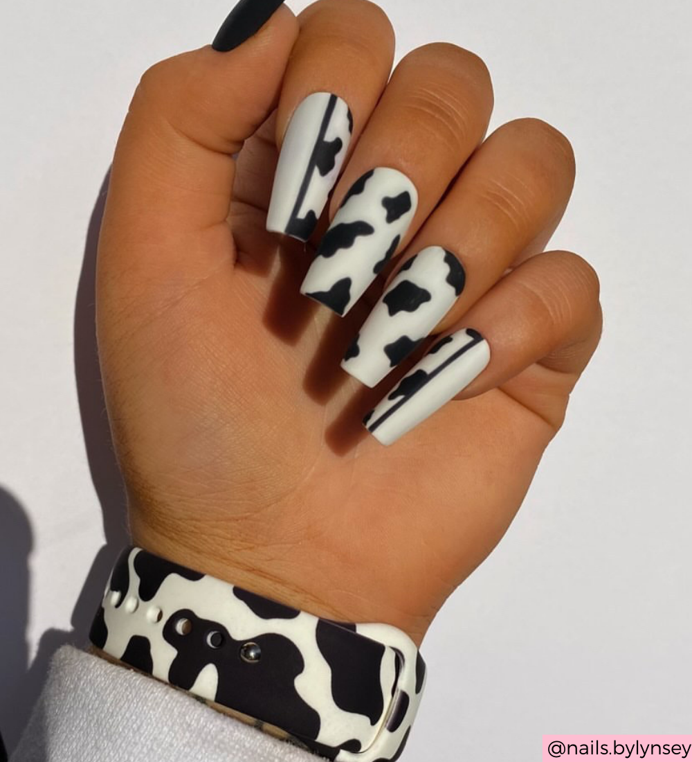 A hand with long, square-shaped nails showcases a cow print design in black and white. The wrist is decorated with Coconut Lane’s Cow Apple Watch Strap, creating a coordinated look. The neutral background highlights the nail art and the stylish Apple Watch accessory.