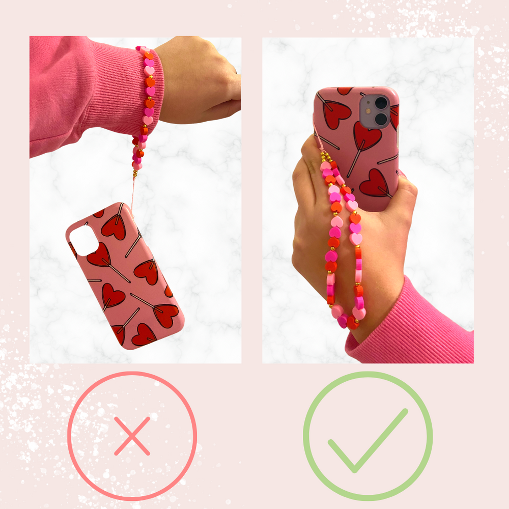 Two images illustrate phone accessories. The left image shows a phone that has been dropped, resulting in a broken corner and marked with a red 'X'. In contrast, the right image highlights the intact and secure phone held by Coconut Lane's Beaded Phone Strap - Ocean Eyes, accompanied by a green check mark below it.